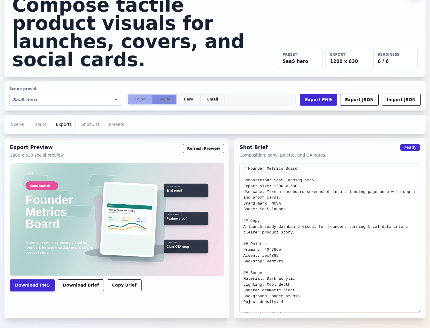 Export preview panel with cover and social image controls