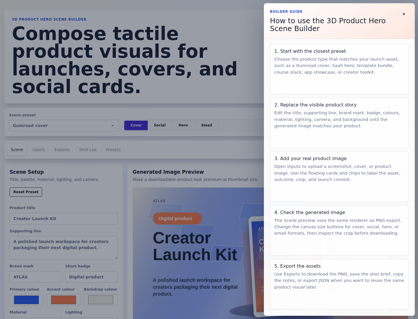 Help drawer explaining the product visual workflow