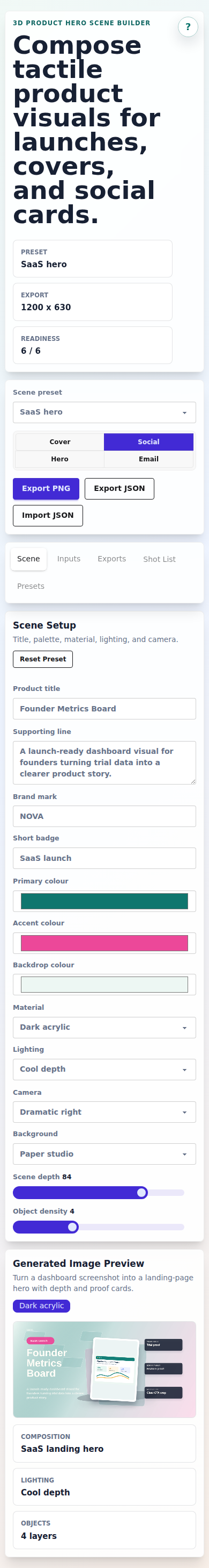 Mobile layout of the 3D Product Hero Scene Builder