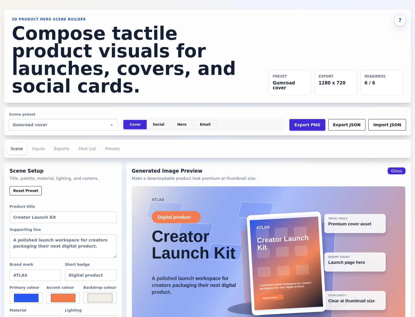Generated-image scene builder with editable 3D-style product hero preview